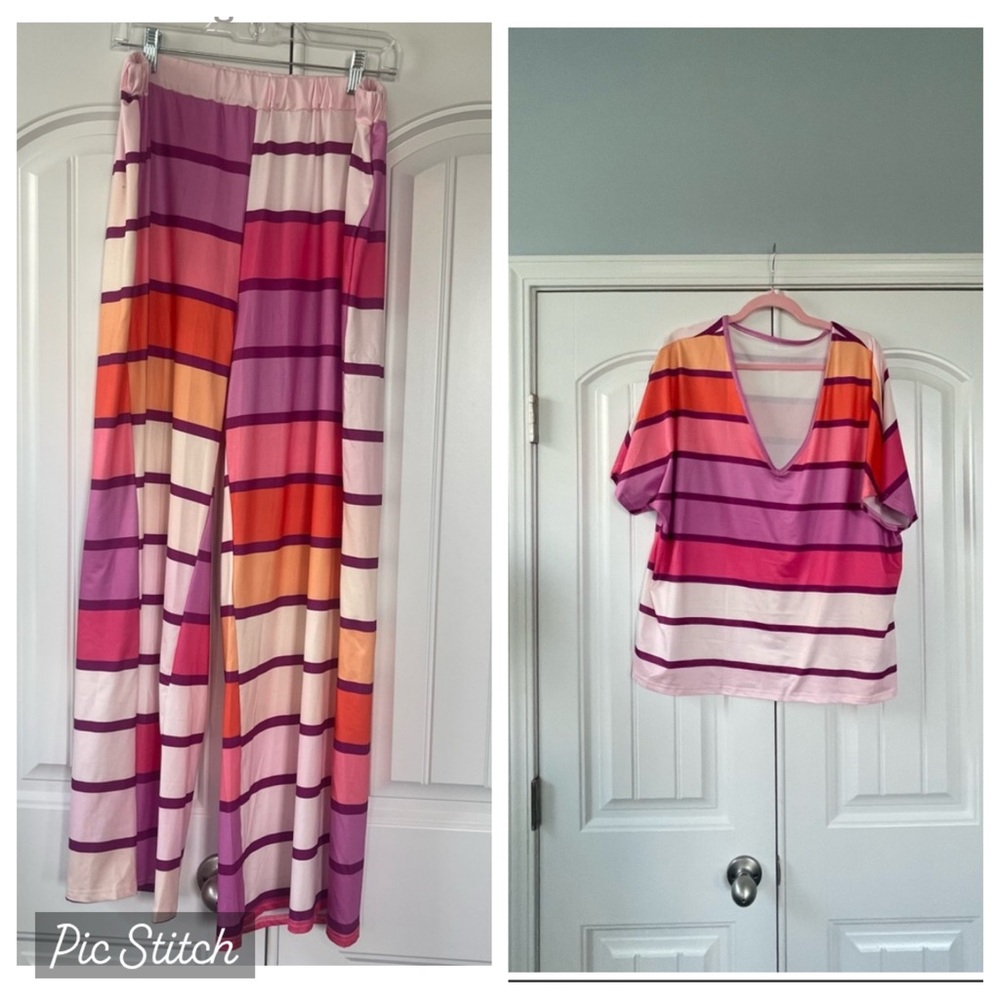 🆕 2 Piece Striped Pink and Orange Wide-Leg Pants/Top Lounge (never worn)